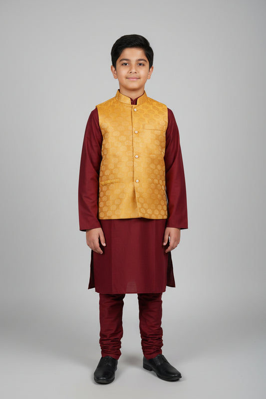 KPK2003 Maroon Kurta Pyjama and Golden Nehru Jacket Set