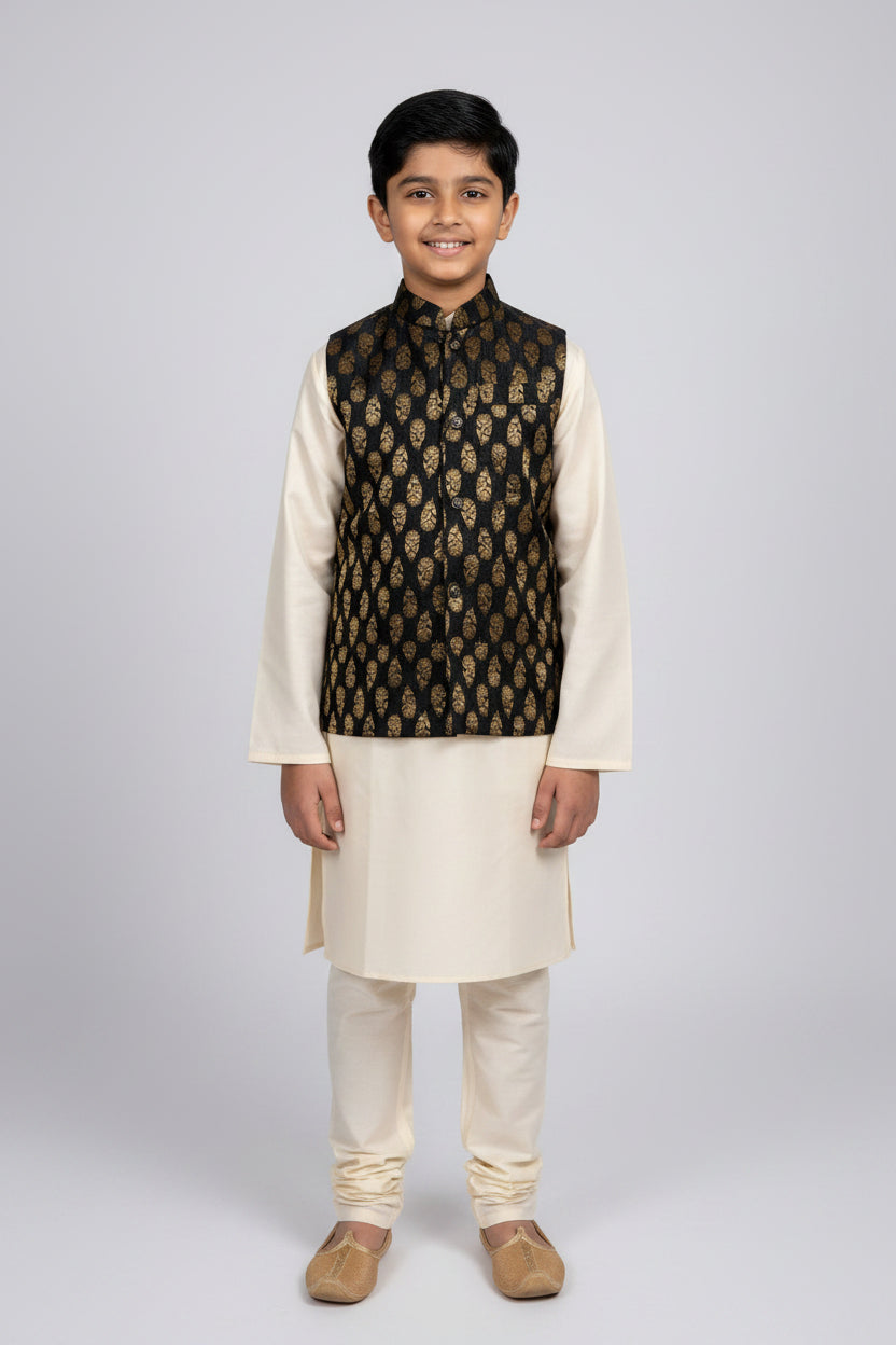 KPK2002 Cream Kurta Pyjama and Black Nehru Jacket Set