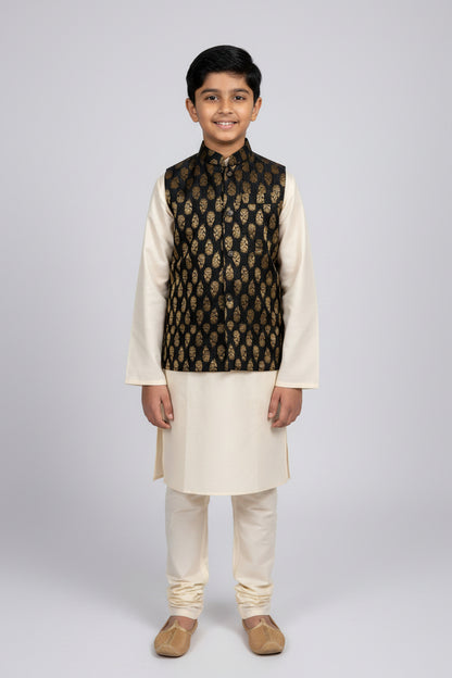 KPK2002 Cream Kurta Pyjama and Black Nehru Jacket Set