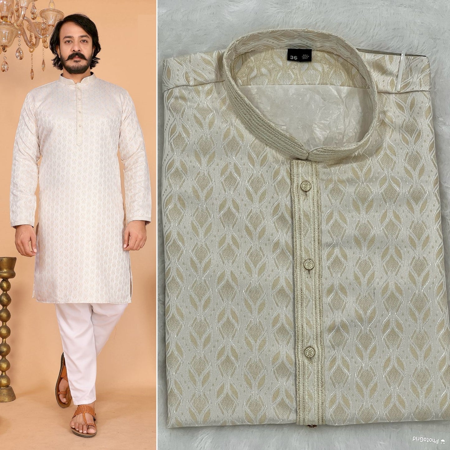 Cream Beige Jacquard Kurta Pyjama Set