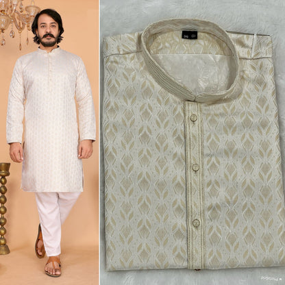 Cream Beige Jacquard Kurta Pyjama Set