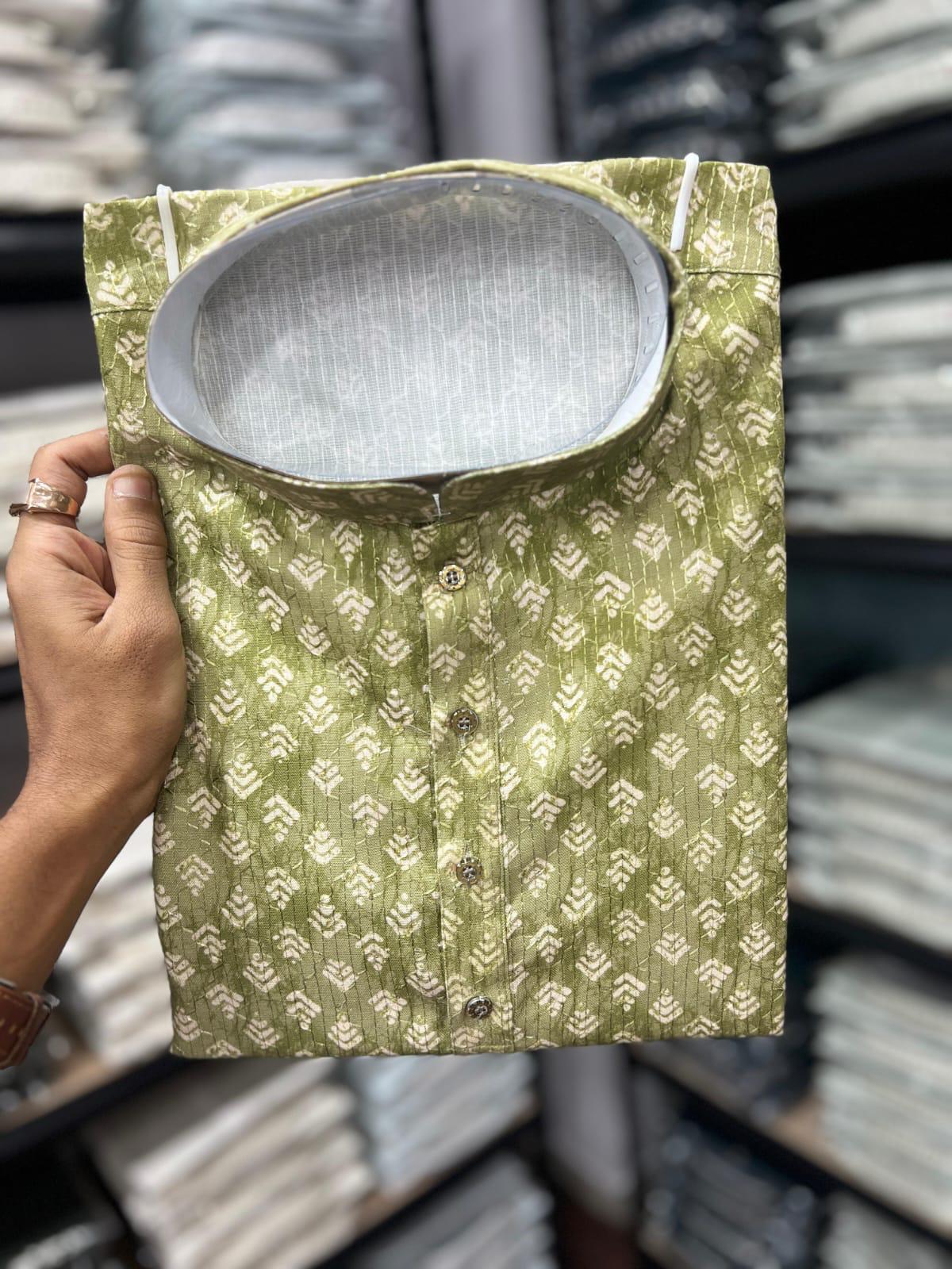 KPD6252 Olive Green Leaf Print Kurta Pyjama Set