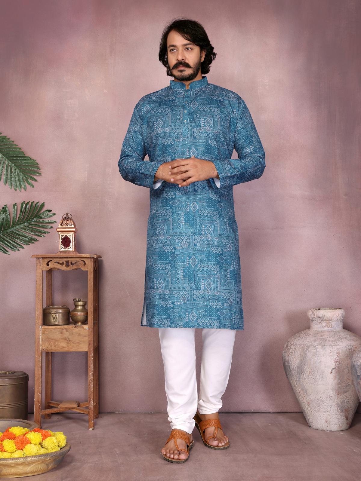 KPD6251 Teal Blue Geometric Print Kurta Pyjama Set