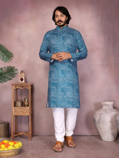 KPD6251 Teal Blue Geometric Print Kurta Pyjama Set