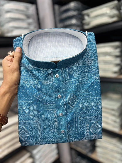 KPD6251 Teal Blue Geometric Print Kurta Pyjama Set