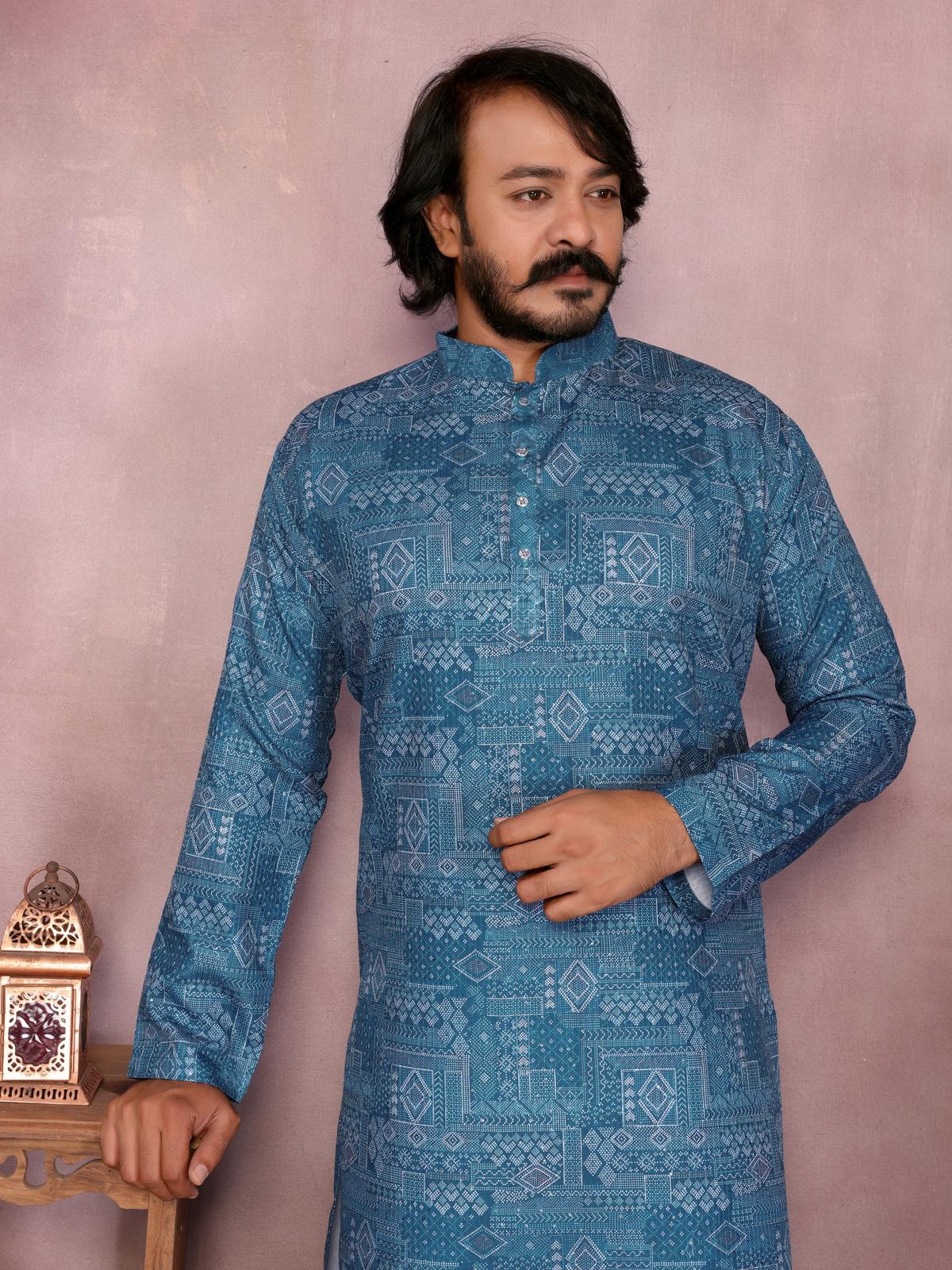 KPD6251 Teal Blue Geometric Print Kurta Pyjama Set