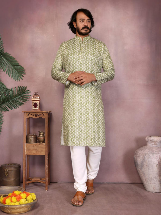KPD6252 Olive Green Leaf Print Kurta Pyjama Set
