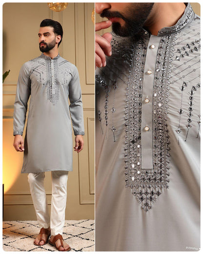 KPD6257 Light Grey Mirror Work Kurta Pyjama Set