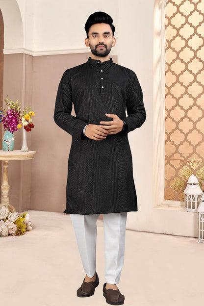 KPD6316 Black Textured Kurta with White Pyjama for Men
