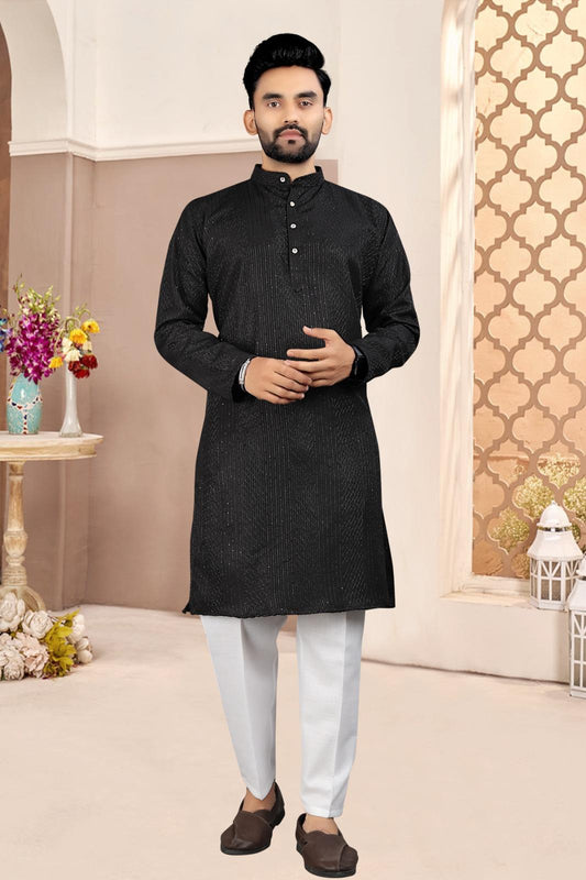 KPD6316 Black Textured Kurta with White Pyjama for Men