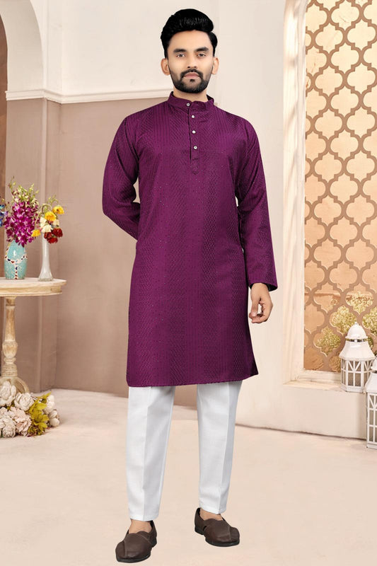 KPD6317 Wine Textured Kurta with White Pyjama for Men