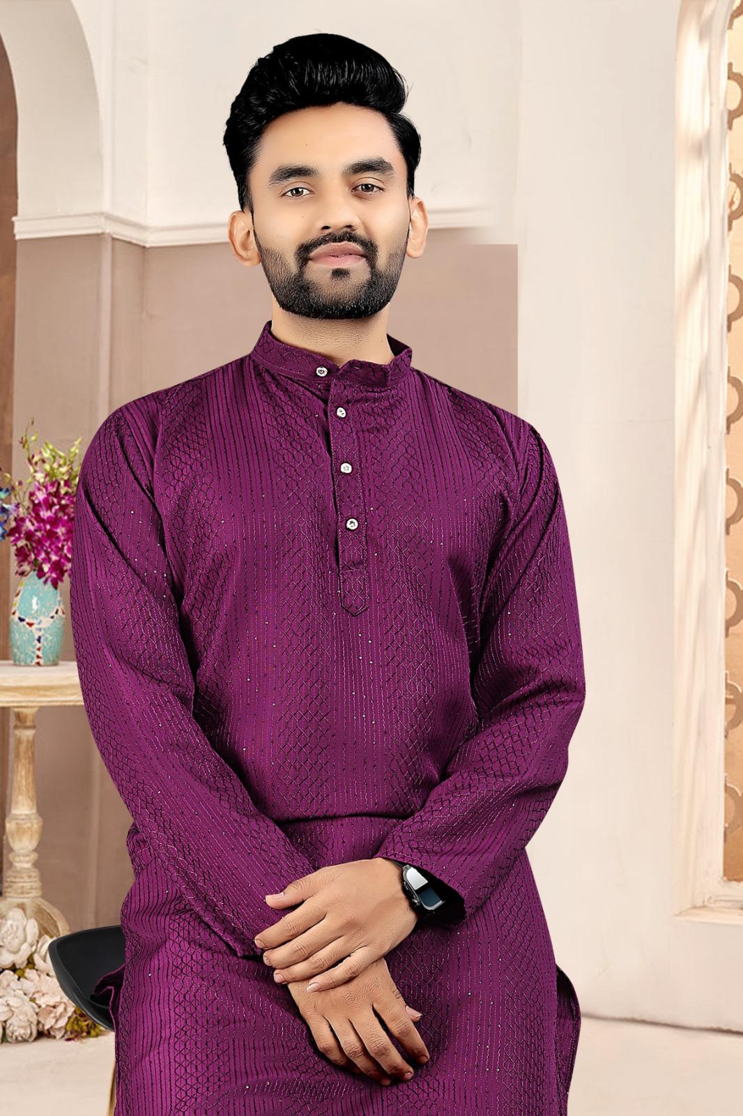 KPD6317 Wine Textured Kurta with White Pyjama for Men