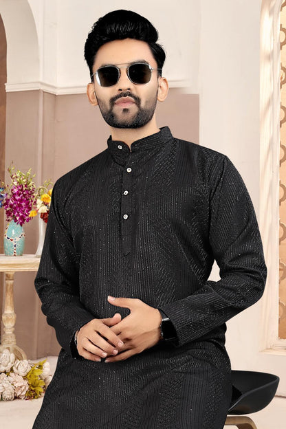 KPD6316 Black Textured Kurta with White Pyjama for Men