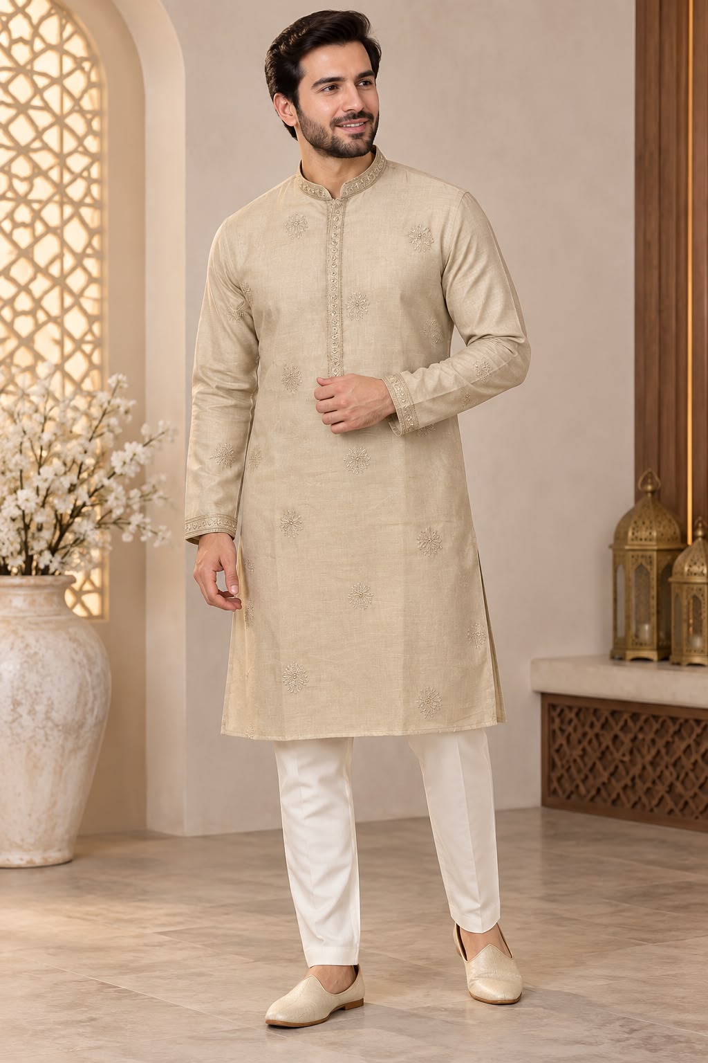 KPD6315 Beige Embroidered Kurta for Men