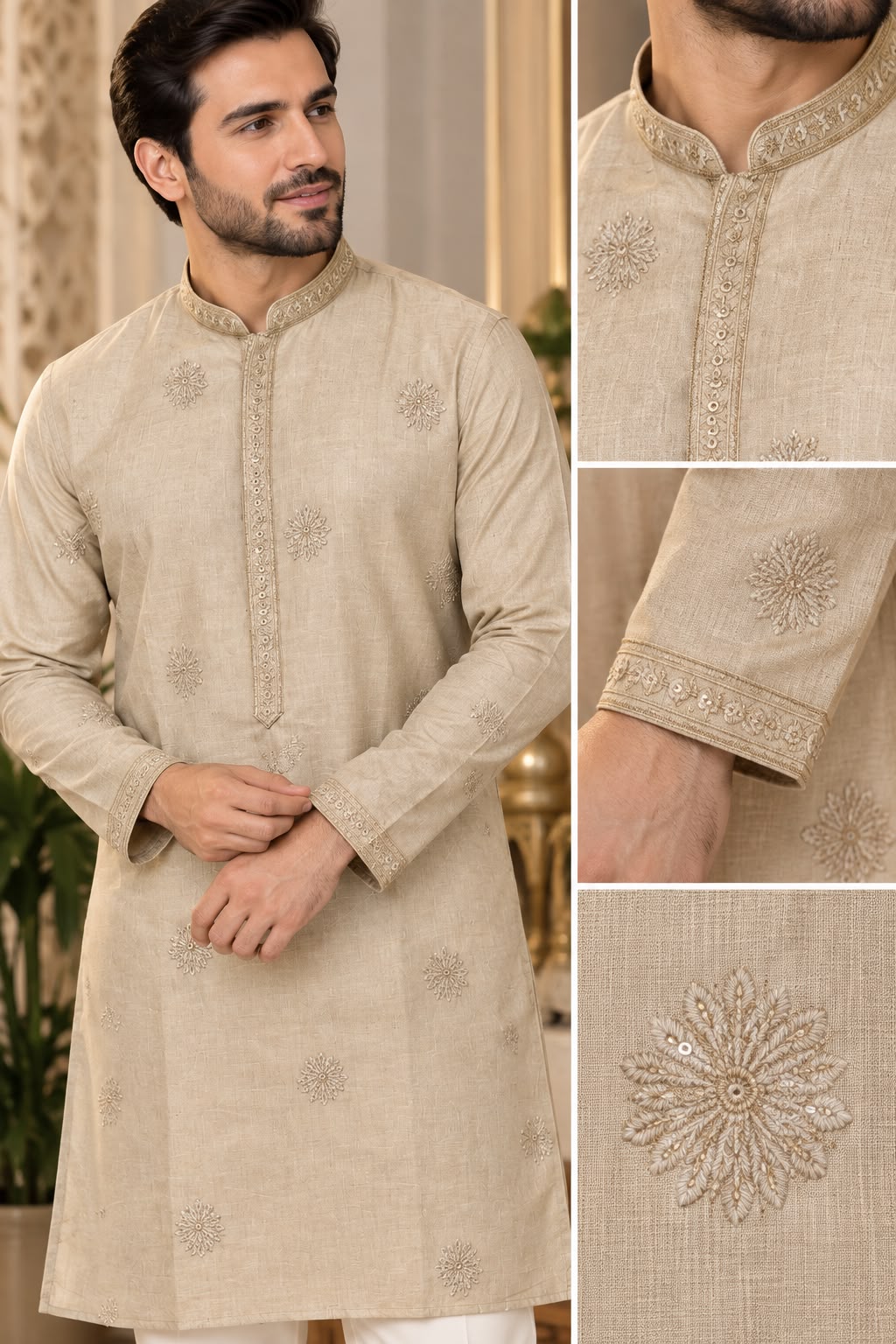 KPD6315 Beige Embroidered Kurta for Men