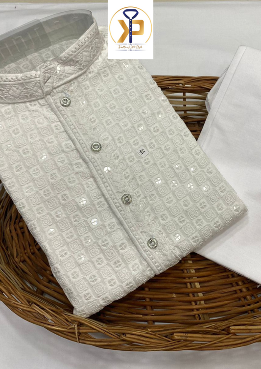 white chikankari kurta set for men