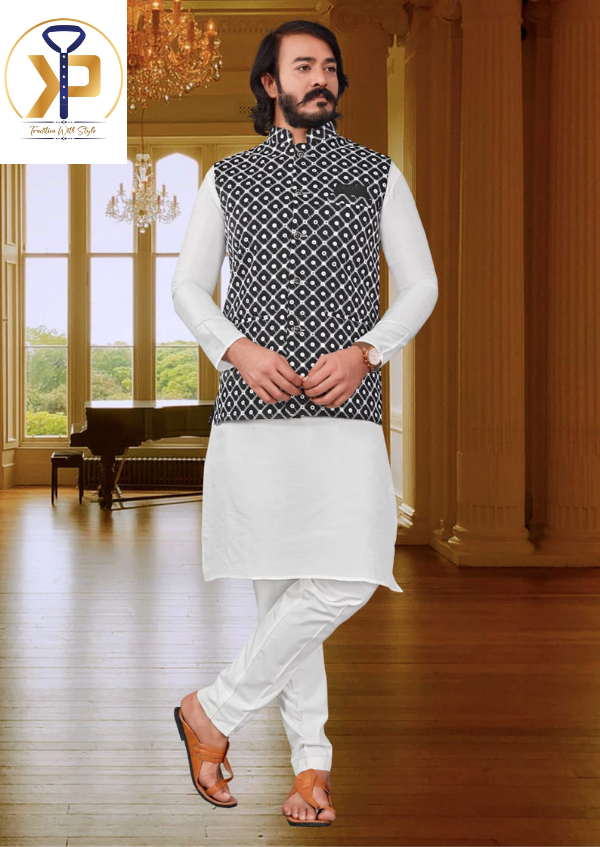 white kurta set with designer jacket