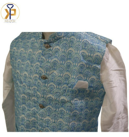 White kurta pyjama paired with a light blue Nehru jacket, ideal for traditional and formal events