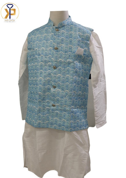 White kurta pyjama paired with a light blue Nehru jacket, ideal for traditional and formal events