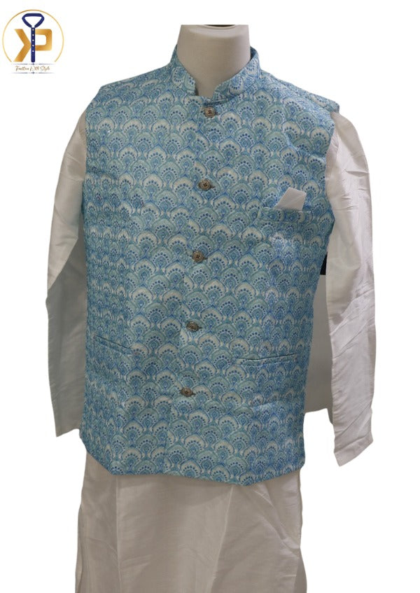 White kurta pyjama paired with a light blue Nehru jacket, ideal for traditional and formal events.