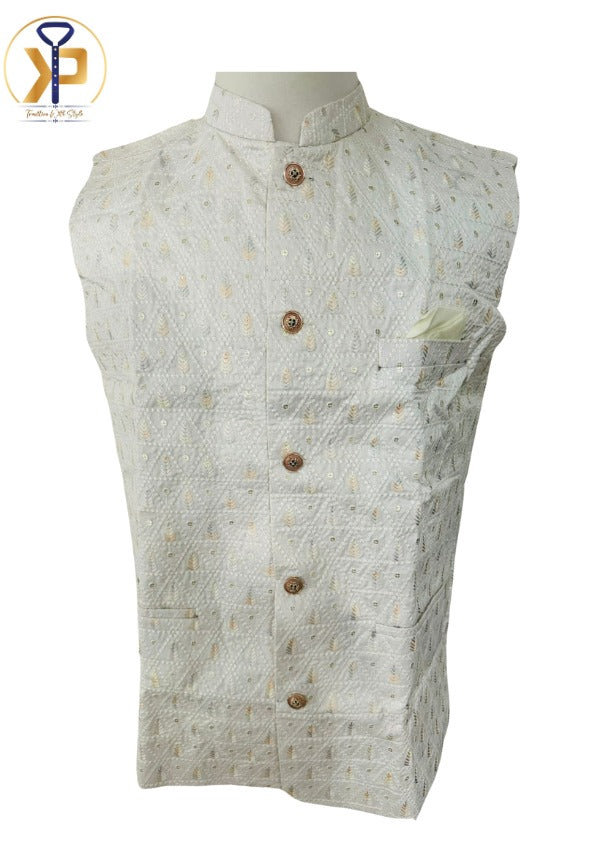 Men's white Nehru jacket with a classic design, suitable for formal events and traditional ceremonies