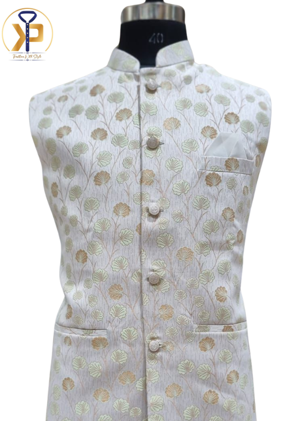 Men's white Nehru jacket with elegant detailing, perfect for weddings and formal occasions