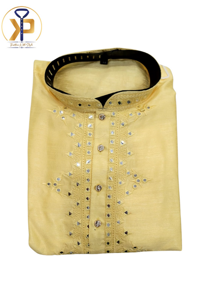 yellow mirror work kurta pyjama for men