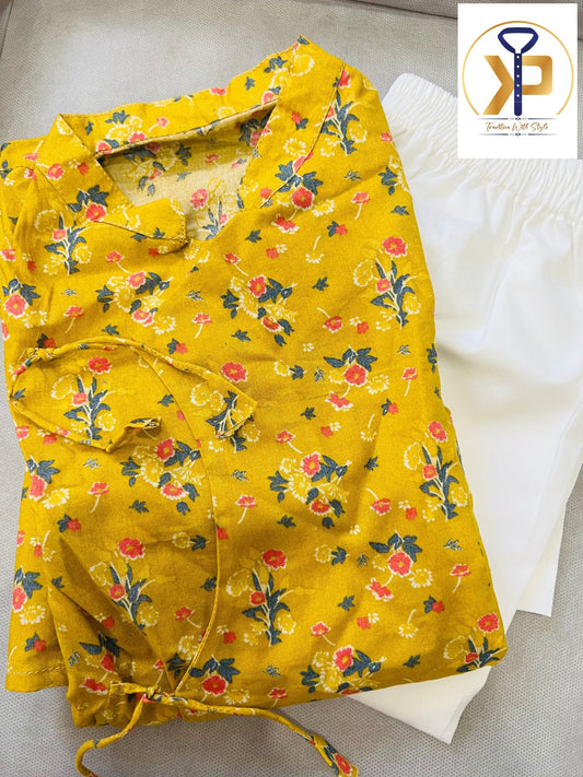 yellow side style kurta with white pyjama set