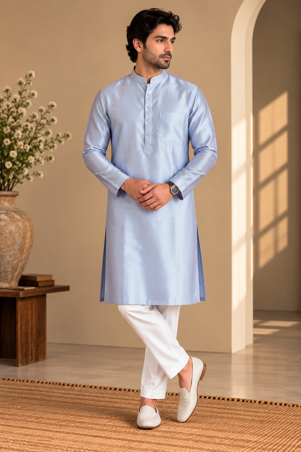 KPD4113 Plus Size Lavender Blue Silk-Blend Kurta with White Pyjama