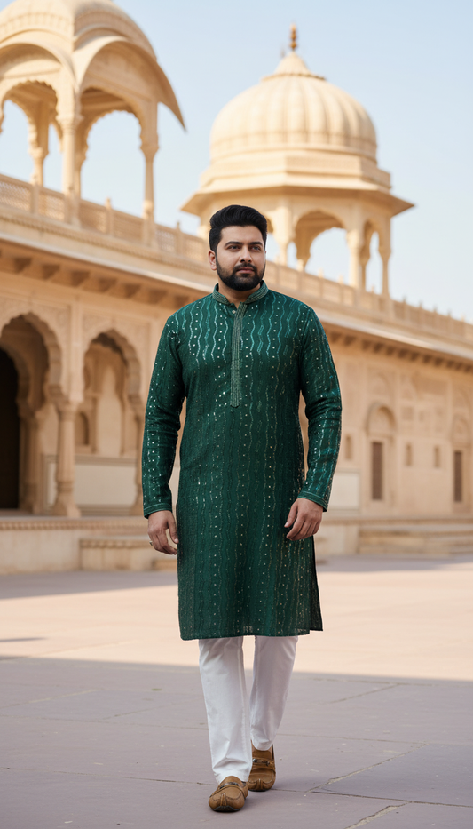 KPD6032 Green Heavy Mirror Work Kurta With Lining