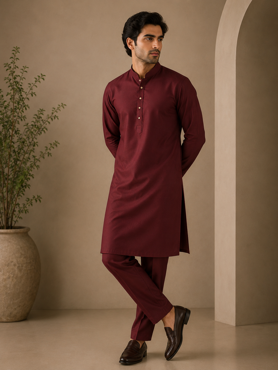 KPC1057 Wine Classic Cotton Kurta Pant Set