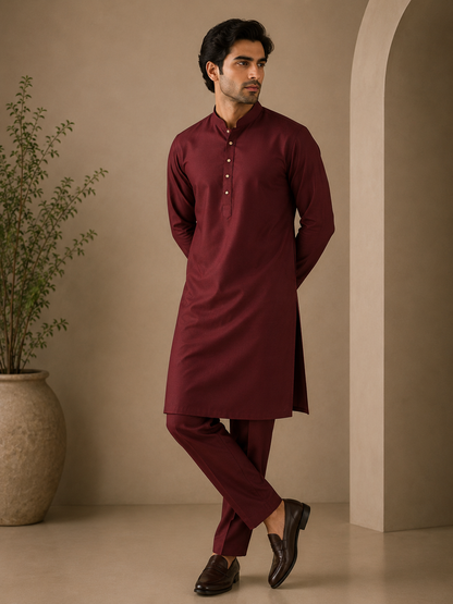 KPC1057 Wine Classic Cotton Kurta Pant Set