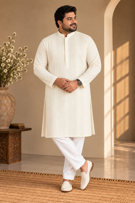 KPD4111 Plus Size Butter Cream Sequin Ethnic Kurta Pyjama Set