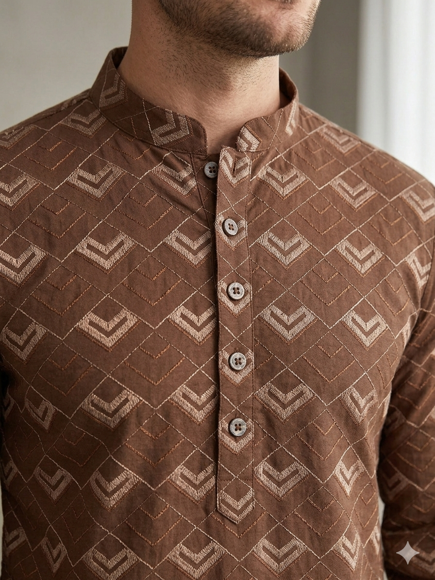 KPD6245 Brown Threadwork Kurta – Soft Fabric