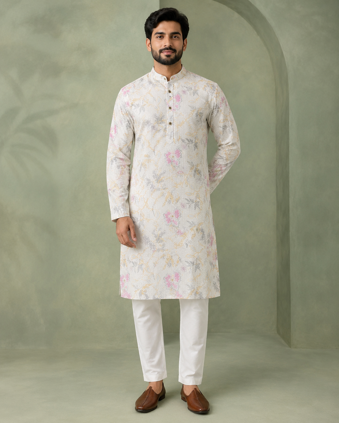 KPD6254 Ivory Floral Print Kurta Pyjama Set