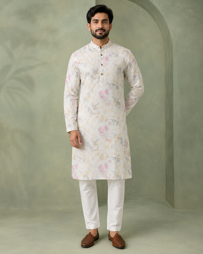 KPD6254 Ivory Floral Print Kurta Pyjama Set