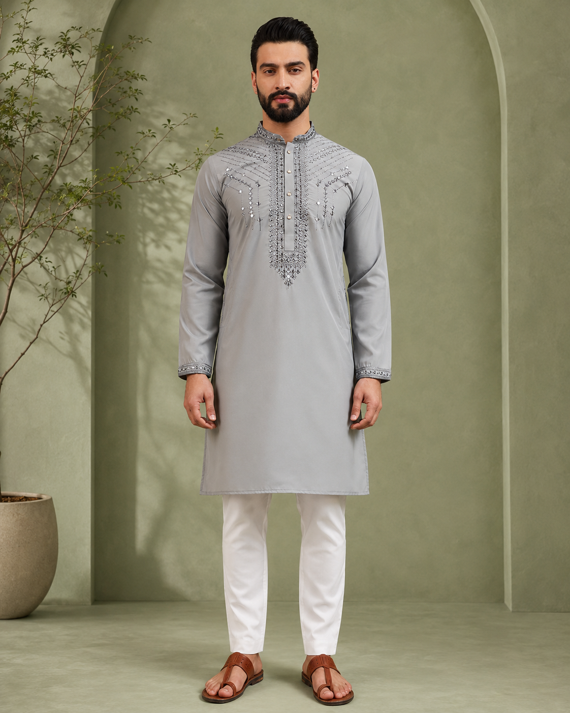 KPD6257 Light Grey Mirror Work Kurta Pyjama Set