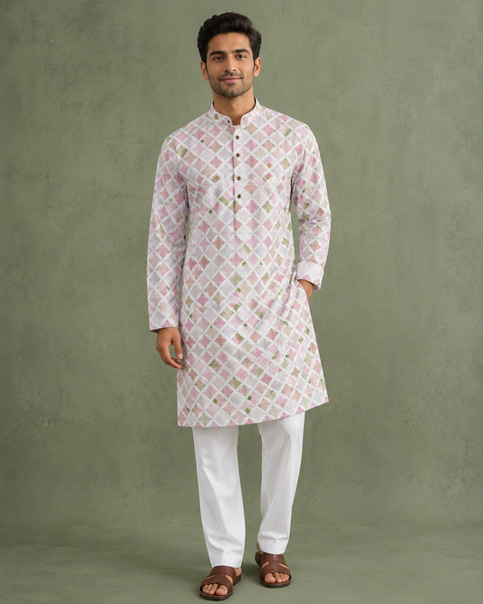 KPD6255 Pastel Multi Colour Diamond Print Kurta Pyjama Set