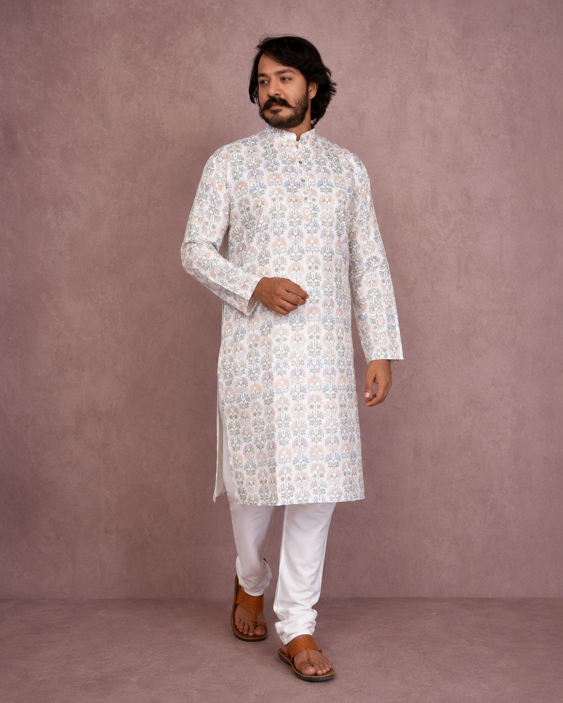 KPD6253 White Pastel Floral Print Kurta Pyjama Set