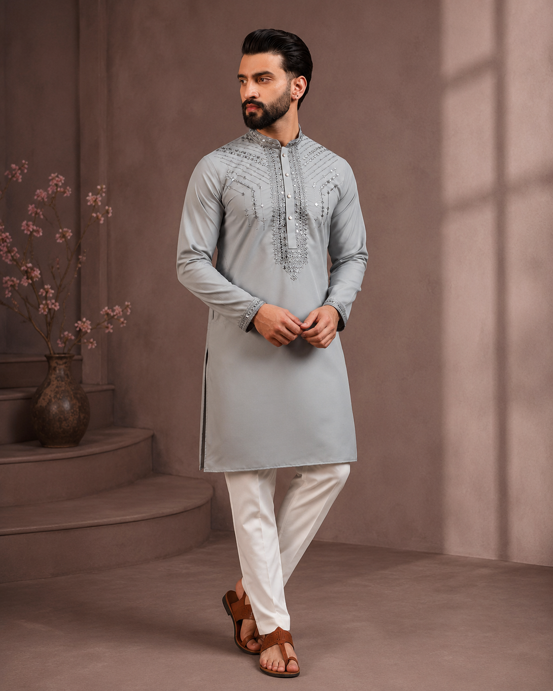 KPD6257 Light Grey Mirror Work Kurta Pyjama Set