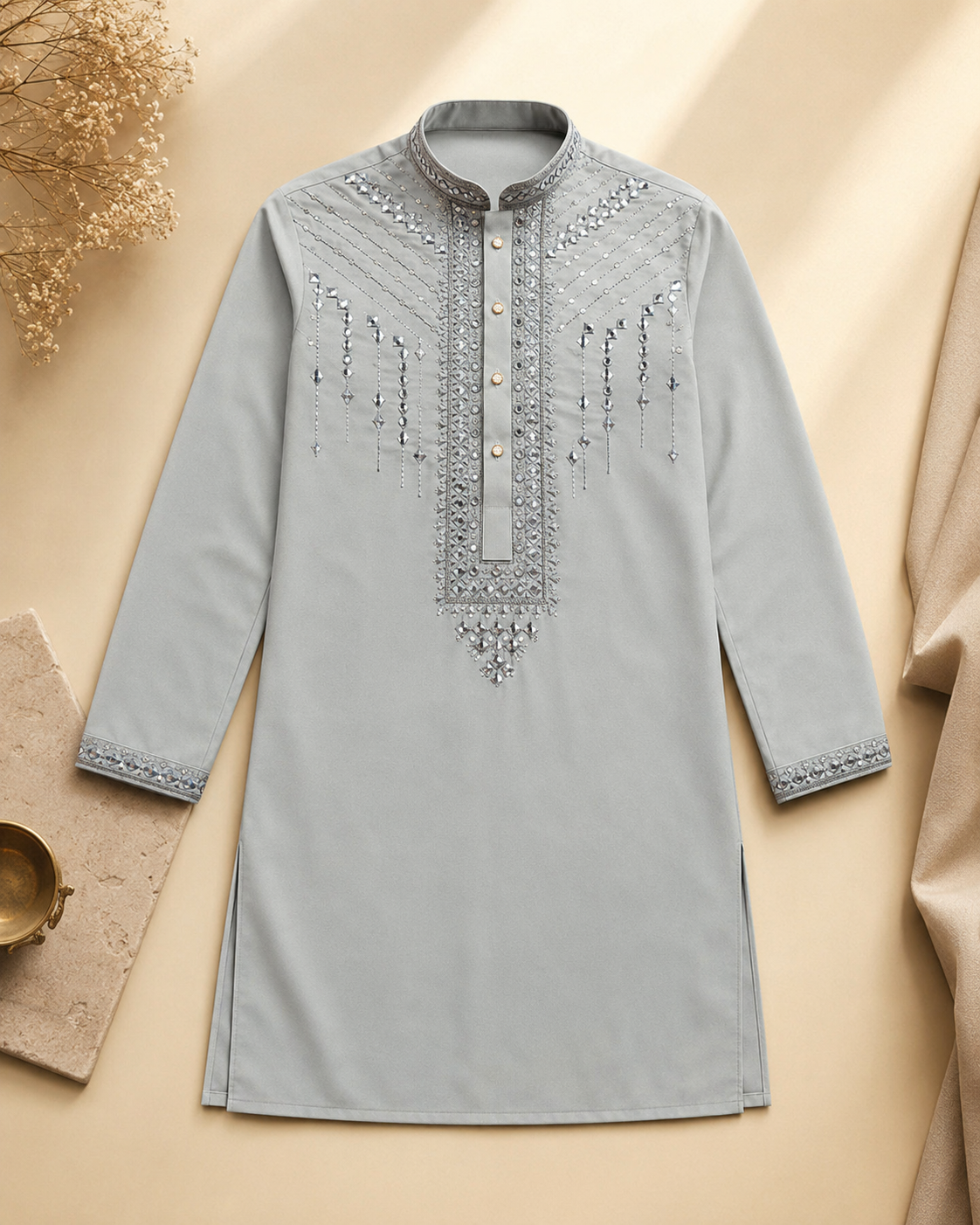 KPD6257 Light Grey Mirror Work Kurta Pyjama Set