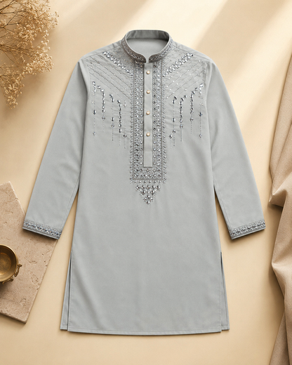 KPD6257 Light Grey Mirror Work Kurta Pyjama Set