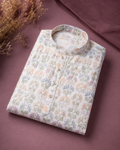 KPD6253 White Pastel Floral Print Kurta Pyjama Set