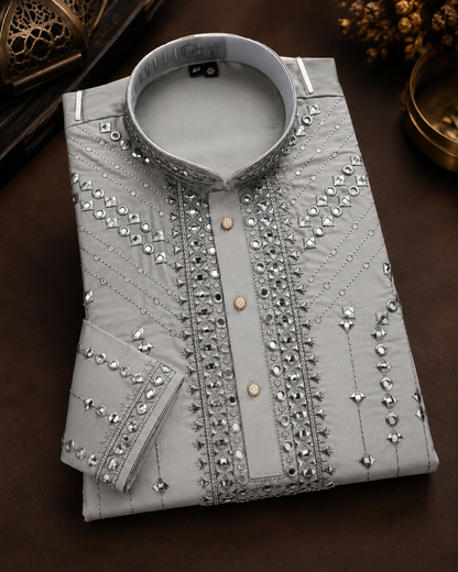 KPD6257 Light Grey Mirror Work Kurta Pyjama Set