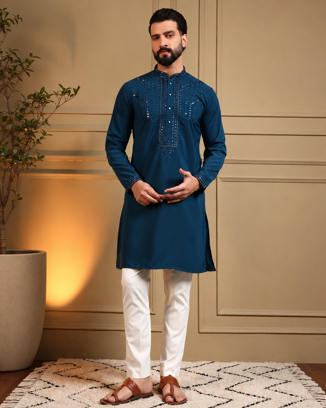 KPD6258 Navy Blue Mirror Work Kurta Pyjama Set