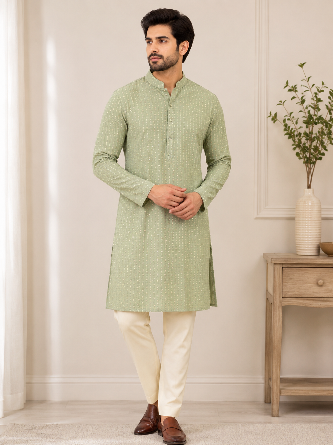 KPD6244 Light Sage Green Heavy Sequins Work Kurta With Lining
