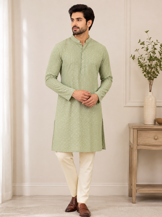 KPD6244 Light Sage Green Heavy Sequins Work Kurta With Lining