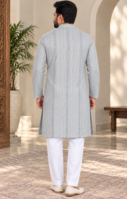 KPD4129 Plus Size Ice Blue Embroidered Pattern Kurta with White Pyjama