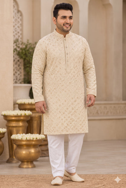 KPD4141 Plus Size Champagne Gold Embroidered Kurta with White Pyjama Set