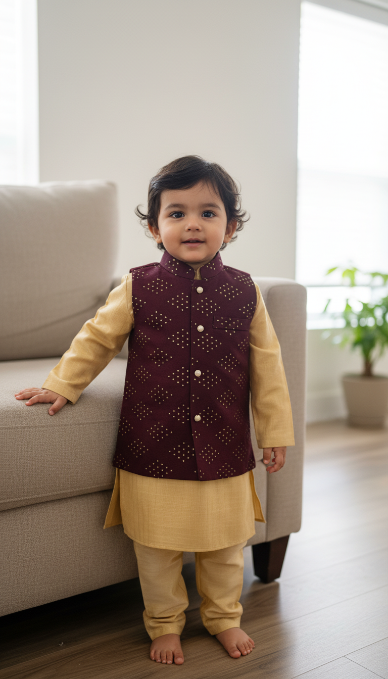 KPK7019 Yellow Kurta and Mahroon Mirror Work Nehru Jacket
